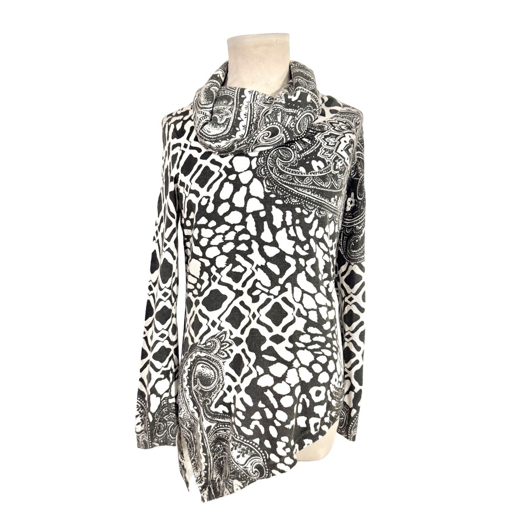 CHICOS Women's Small Green White Paisley Geometric Print‎ Cowl Neck Sweater